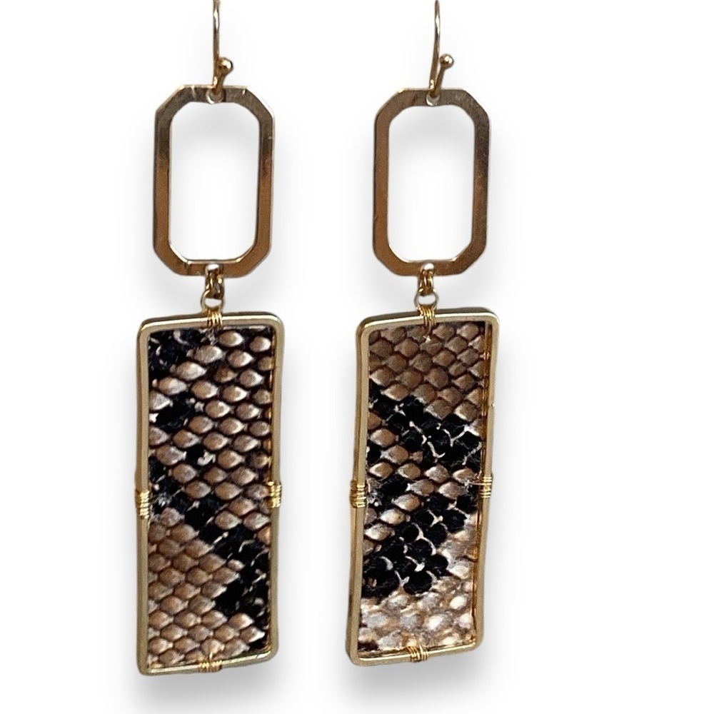 Caroline Hill Dangly Earrings Snakeskin Print Geometric Gold Tone New